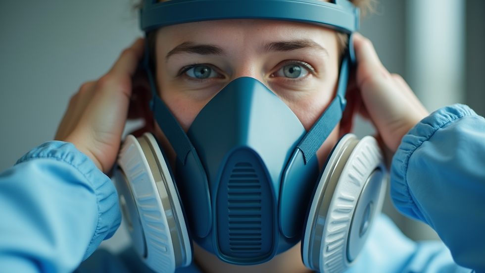 Close-up view of a respirator mask being adjusted for fit testing