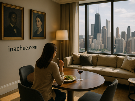 A woman dining at a round table in a high-rise Chicago apartment with upscale neutral-toned decor, large city-facing windows, and subtle inachee.com branding on the wall beneath two portrait paintings.