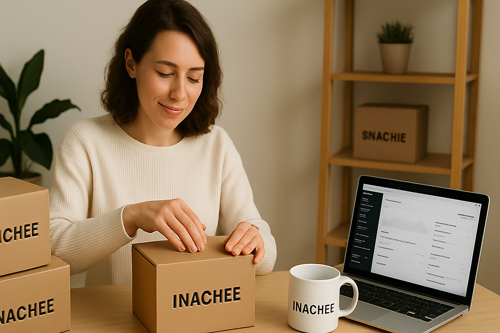A woman doing private label E- Commerce business via Amazon FBA or Shopify with the Inachee logo on various items