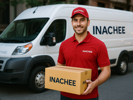Smiling delivery man in red uniform holding a branded package in front of a white Inachee courier van on a city street.