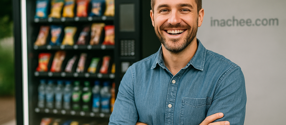 Vending machine business owner checking stock levels and revenue reports, representing passive income opportunities and operational challenges.