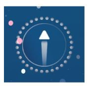 White arrow in a blue circle with dotted border. Pink and white dots surround it, set against a dark blue background.