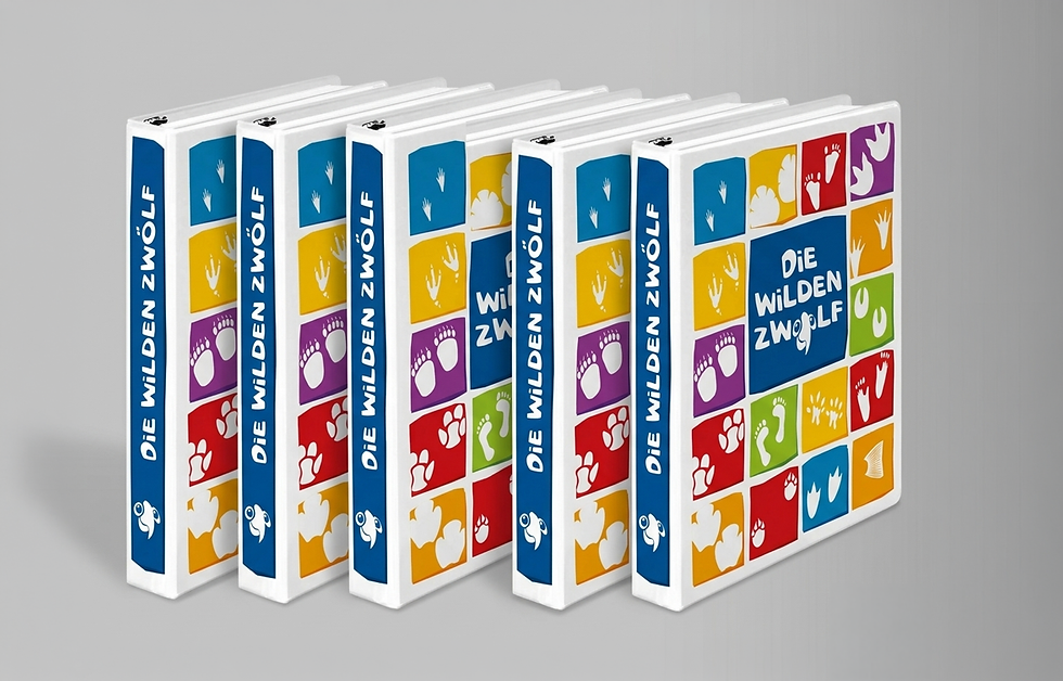 Mehrere Exemplare des Ordners stehen fächerförmig nebeneinander und zeigen Rücken und Vorderseiten.