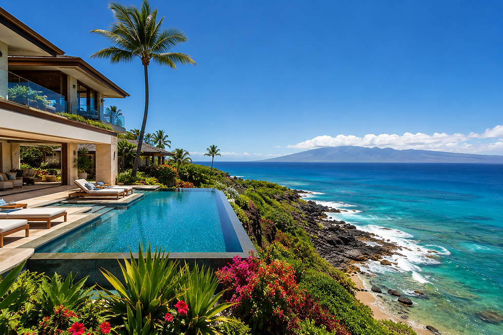 Luxury West Maui oceanfront residence overlooking the Pacific Ocean, tropical landscaping, infinity-edge pool, dramatic coastline, luxury real estate photography, bright sunny day.