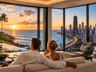 Affluent couple comparing tropical island living and luxury urban living, West Maui coastline contrasted with Chicago skyline and Lake Michigan waterfront, cinematic lighting, premium real estate editorial photography.