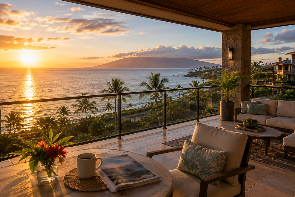 Private lanai overlooking the Pacific Ocean in West Maui, morning coffee setup, panoramic ocean views, luxury condominium, sunrise lighting, peaceful island lifestyle.