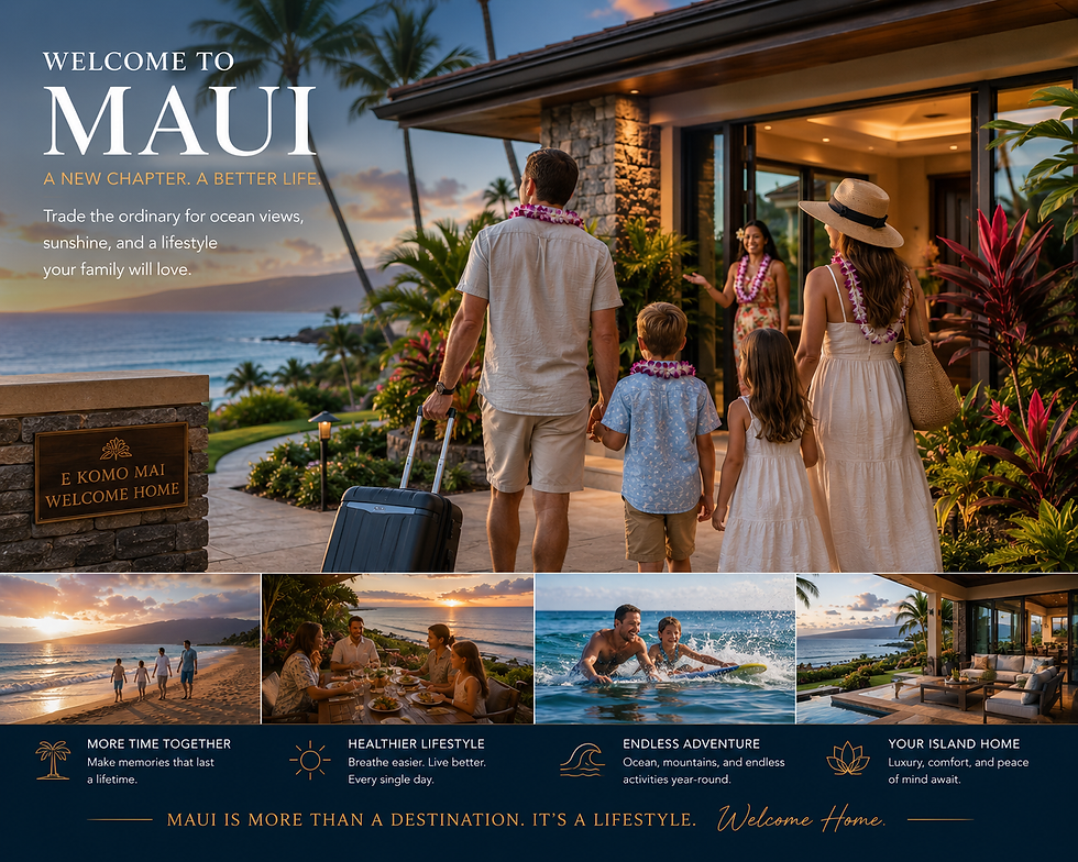 Family arriving at luxury Maui residence, tropical lifestyle transition, welcoming island atmosphere.