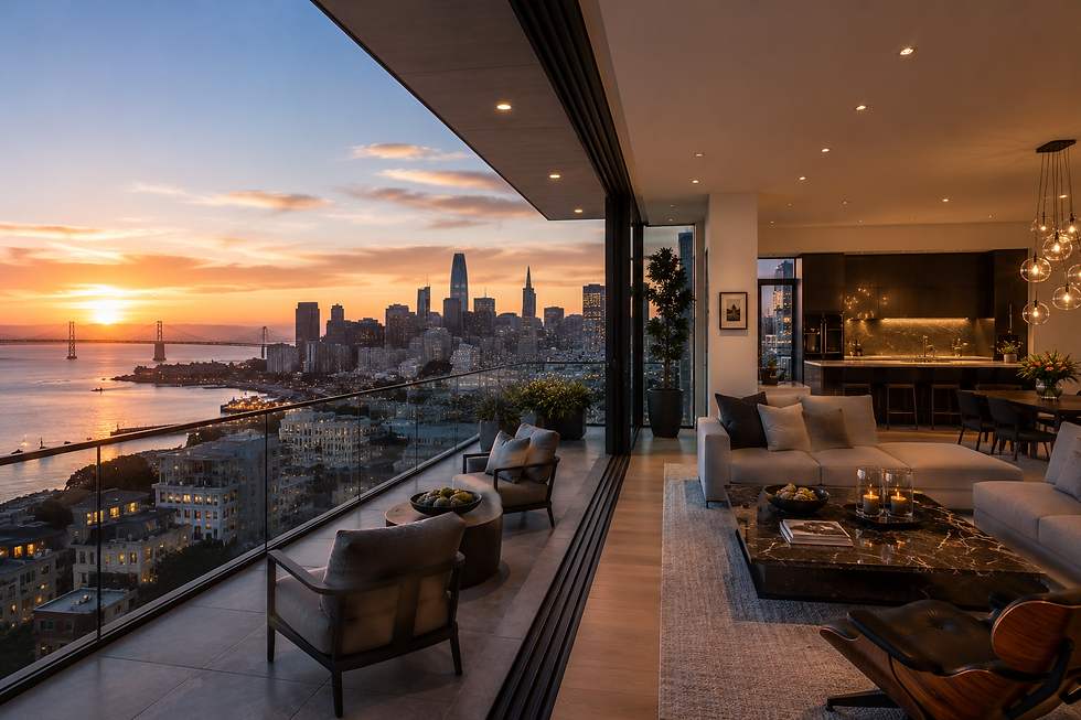 Luxury San Francisco residence with Bay views, modern architecture, iconic city skyline, sophisticated urban lifestyle, sunset lighting.