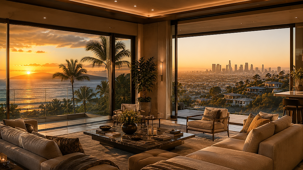 Luxury split-screen comparison of West Maui and Los Angeles, oceanfront Maui condominium with palm trees and Pacific Ocean sunset on one side, luxury Los Angeles hillside home with city views on the other, ultra-realistic real estate photography, golden hour lighting, luxury lifestyle magazine quality.