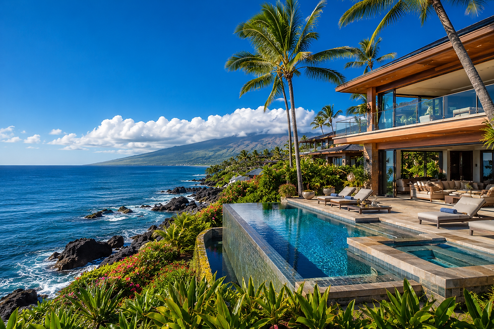 Luxury West Maui oceanfront residence overlooking the Pacific Ocean, tropical landscaping, infinity pool, dramatic coastline, luxury real estate photography, bright sunny day.