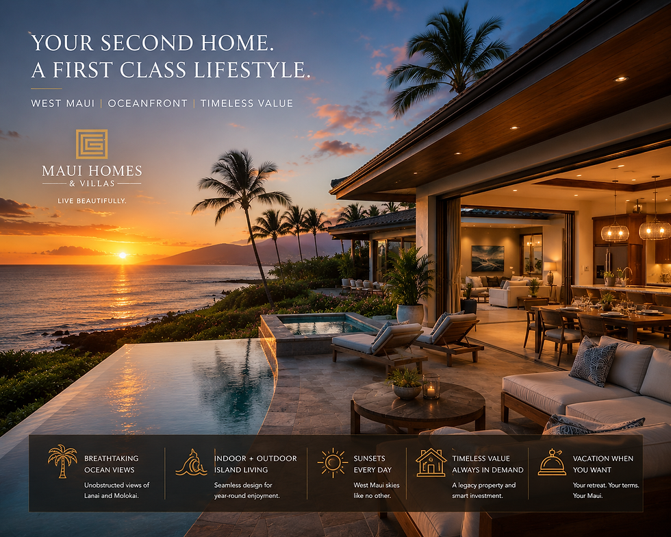 Luxury second home overlooking the Pacific Ocean in West Maui, tropical elegance, sunset ambiance, vacation lifestyle.