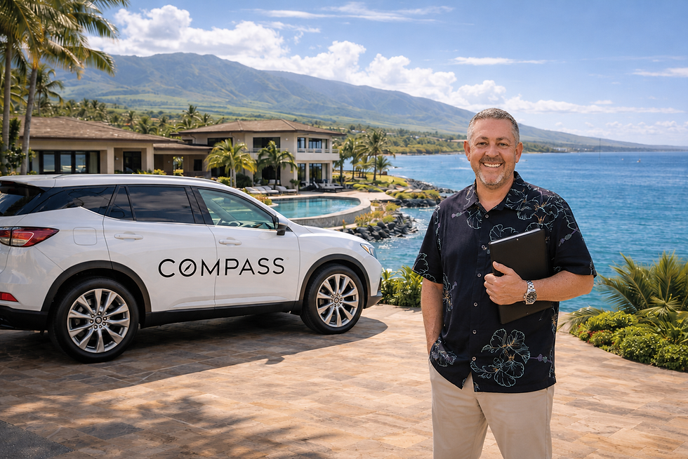 Why Compass Maui Represents the Best Maui Real Estate Agent Experience — real estate agent standing beside a Compass-branded SUV in front of a luxury oceanfront Maui home with tropical landscaping and mountain views.