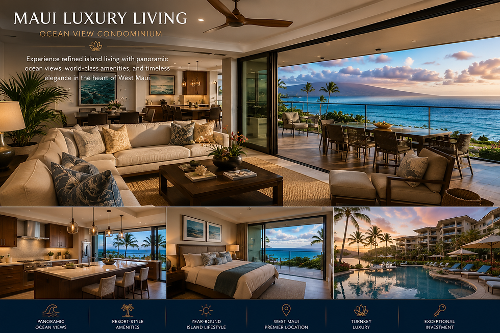 Luxury Maui condominium with ocean views, elegant interiors, tropical setting, premium real estate photography.