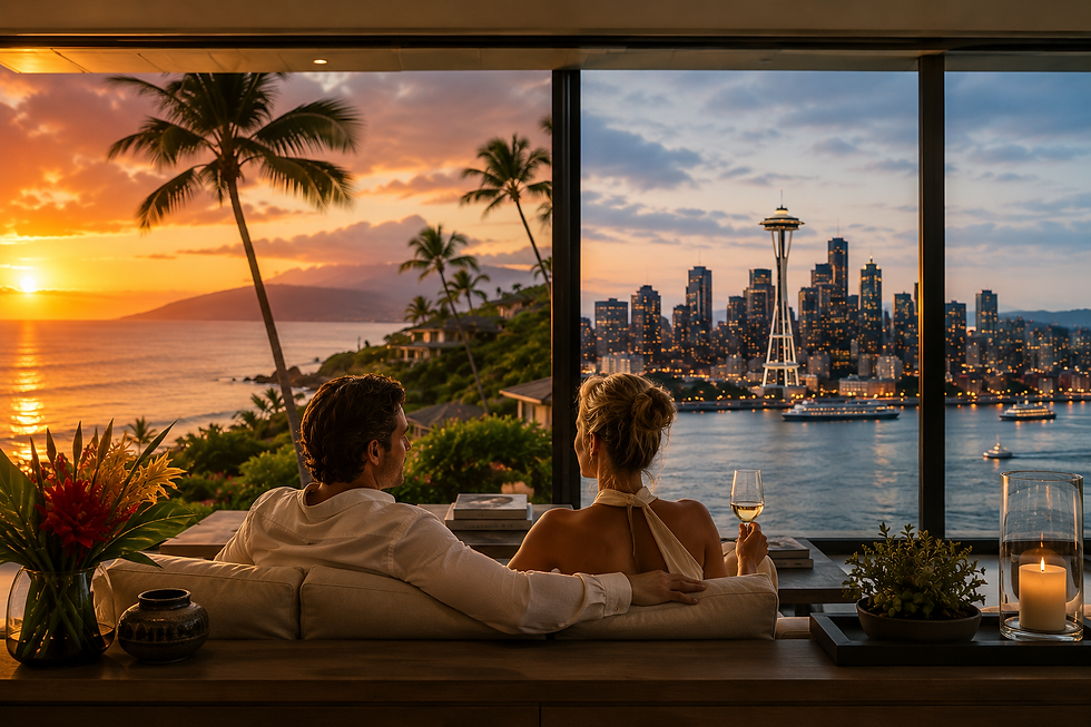 Affluent couple comparing luxury island living and Pacific Northwest city living, tropical West Maui coastline contrasted with Seattle skyline and waterfront, cinematic lighting, premium real estate editorial photography.
