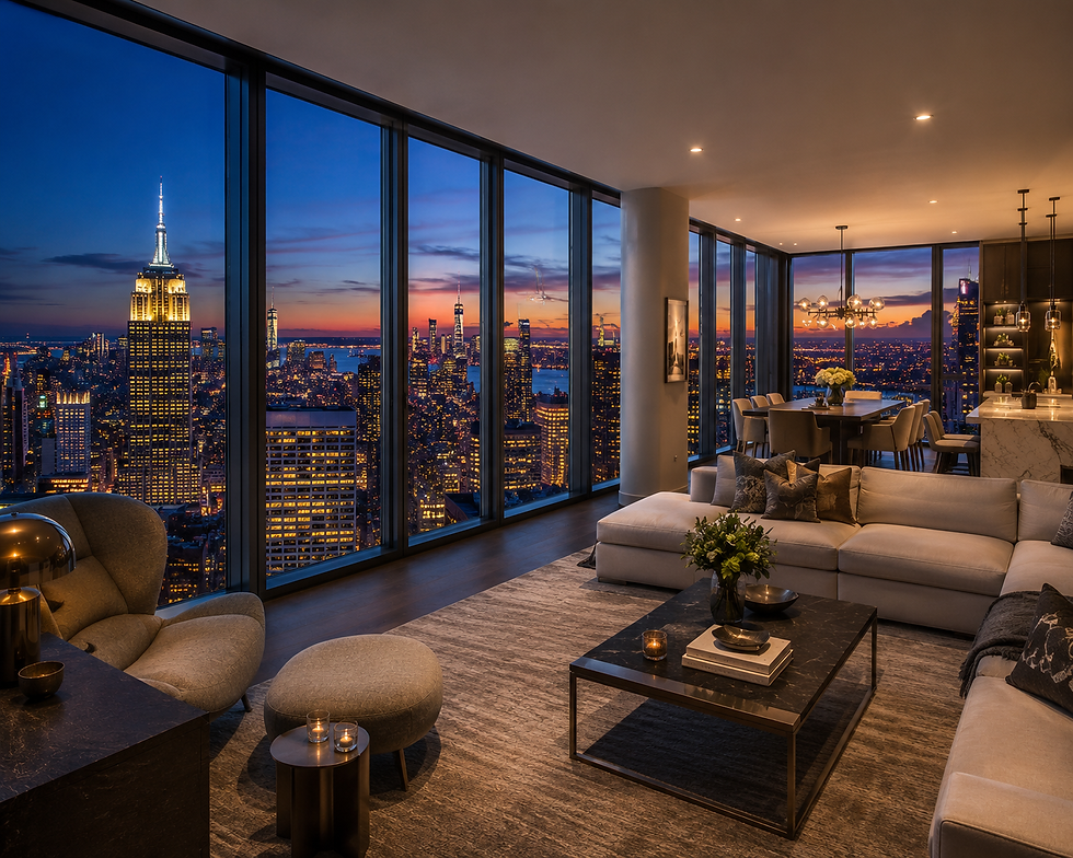 Luxury Manhattan condominium interior with floor-to-ceiling windows overlooking the New York City skyline, modern architecture, sophisticated urban living, twilight city lights.