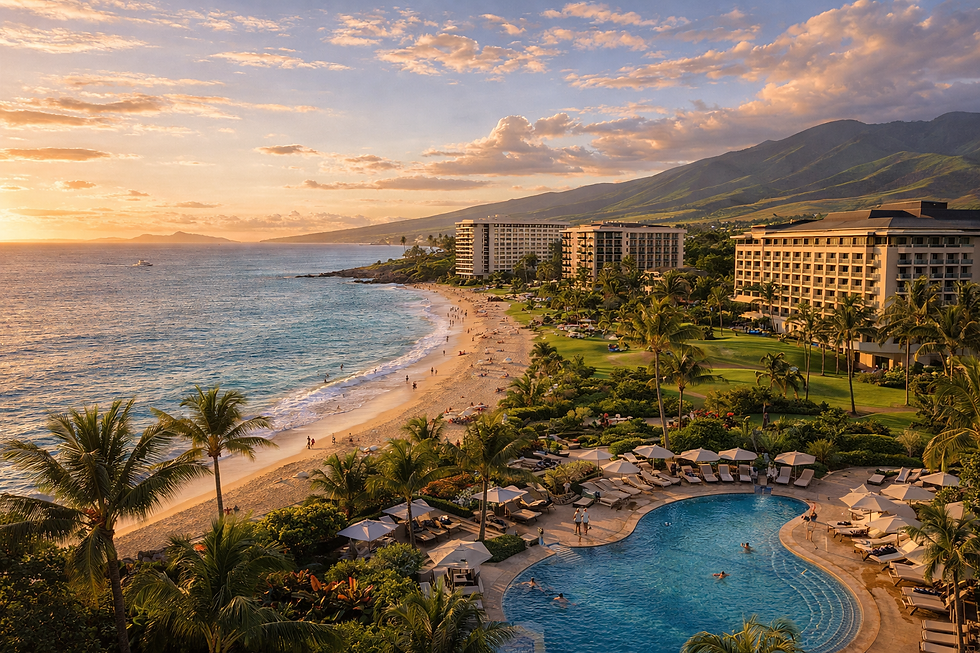 A vibrant Kaanapali and West Maui coastal scene during golden hour, featuring a wide sandy beachfront lined with upscale resort hotels and luxury condominiums. In the foreground, a resort-style pool with lounge chairs and palm trees, with guests relaxing and enjoying the setting. The shoreline shows light activity with beachgoers, reflecting strong vacation lifestyle appeal. In the background, lush green West Maui mountains rise behind the resorts, and a golf course is subtly integrated into the landscape. Warm sunlight, tropical colors, ultra-realistic, cinematic high-end travel and real estate photography style, no text, no captions, wide composition, inviting and balanced atmosphere.
