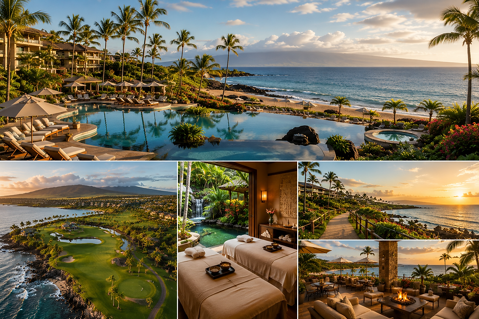 Luxury Maui resort community featuring beachfront pools, championship golf courses, tropical landscaping, oceanfront walking trails, spa amenities.
