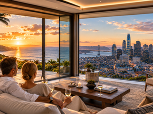 Affluent couple comparing two luxury lifestyles, tropical West Maui coastline contrasted with San Francisco skyline and Bay views, aspirational living, cinematic lighting, premium real estate editorial photography.