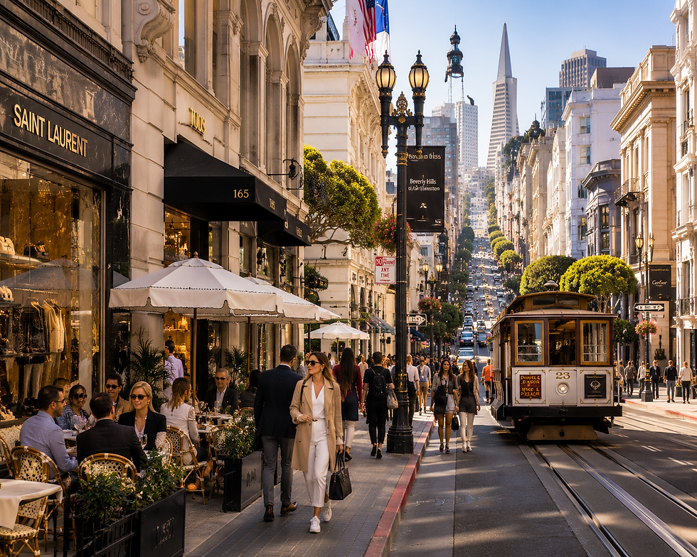 Upscale San Francisco streets featuring luxury boutiques, restaurants, cafes, and pedestrians enjoying vibrant city life.