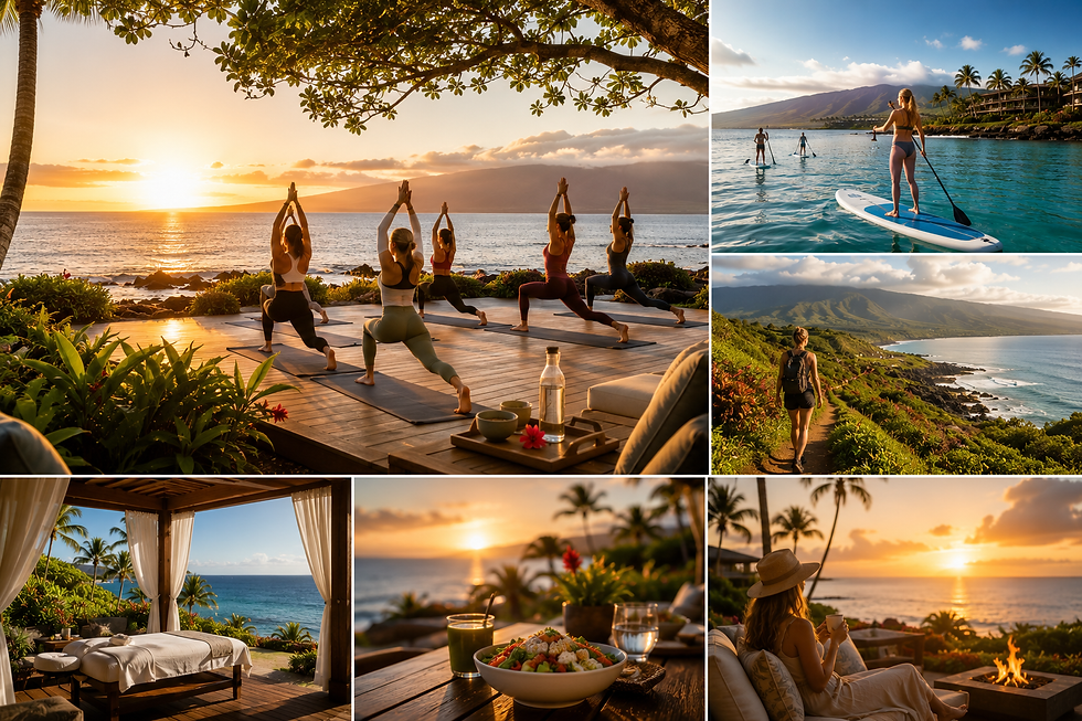 Luxury wellness lifestyle in West Maui featuring beachfront yoga, paddleboarding, hiking trails, and oceanfront relaxation.