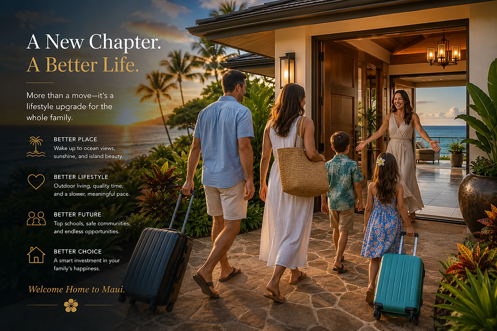 Family relocating to Maui, arriving at luxury oceanfront residence, tropical lifestyle transition, welcoming island atmosphere.
