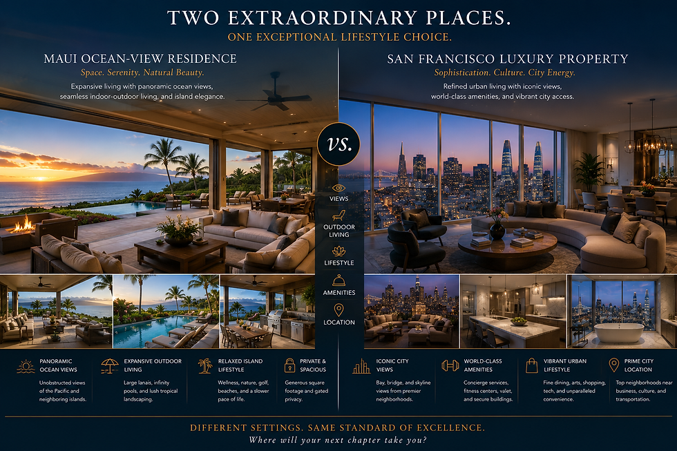 Comparison of spacious Maui ocean-view residence with expansive outdoor living area versus luxury San Francisco property.