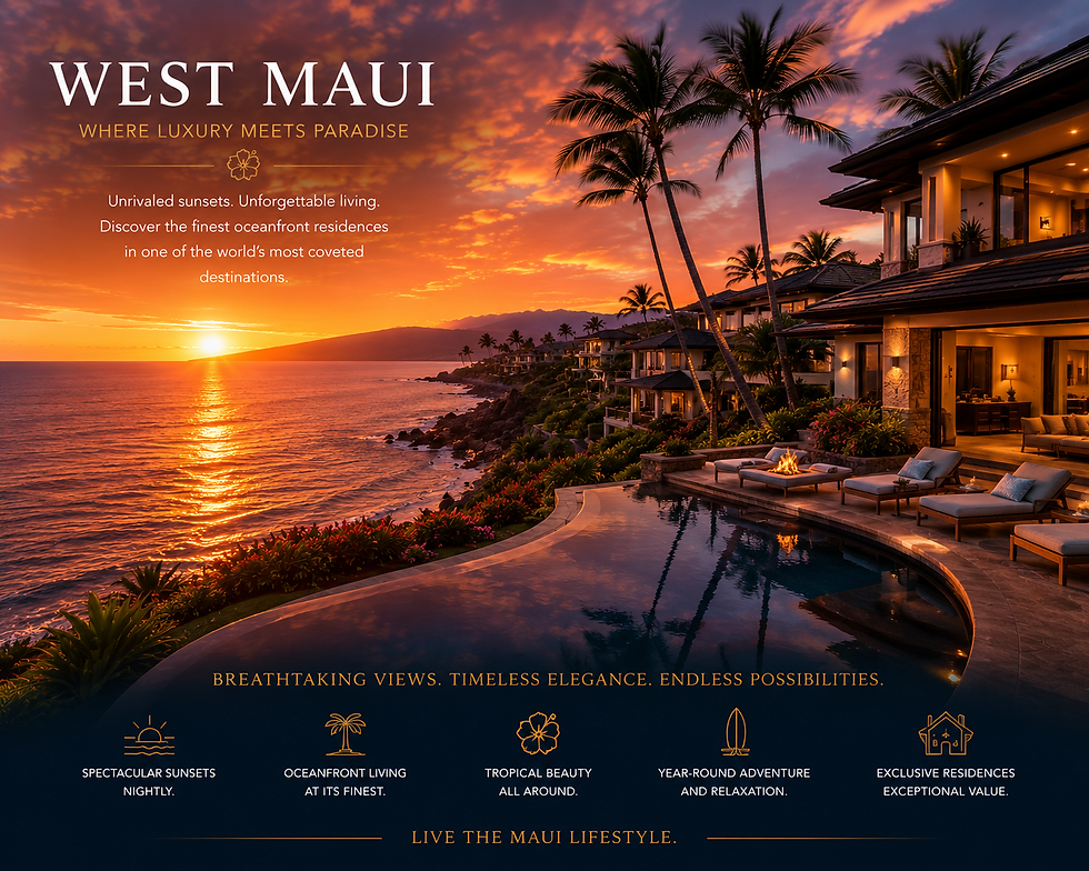 Spectacular West Maui sunset over luxury oceanfront residences, golden light reflecting on the Pacific Ocean, aspirational luxury real estate marketing image.