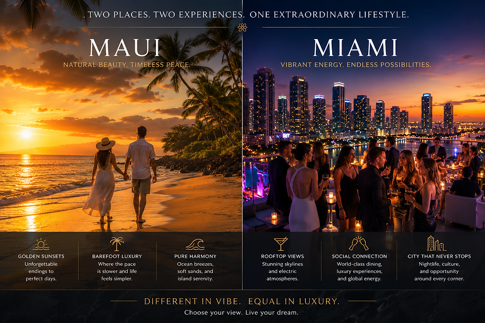 Split-screen comparison of Maui sunset beach walk and Miami rooftop social gathering, luxury lifestyle contrast.