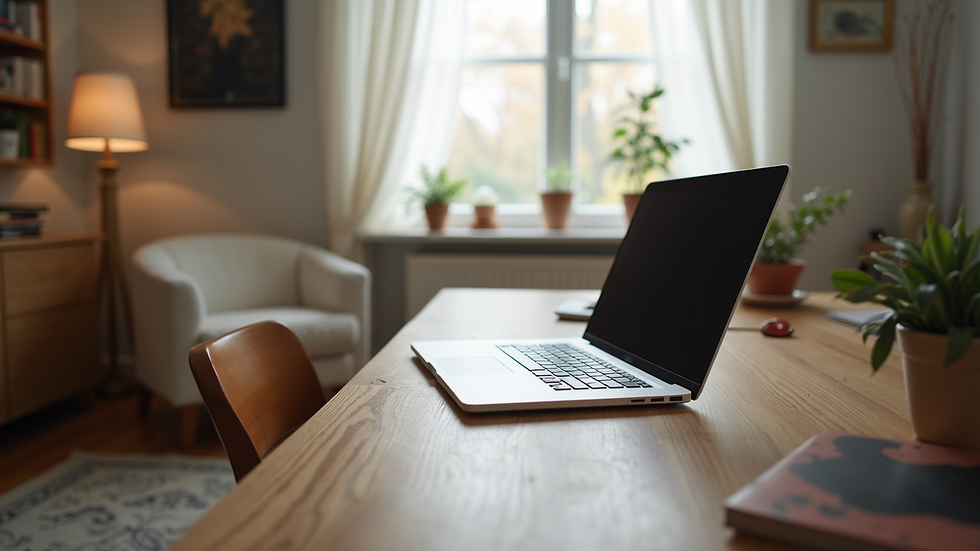 Eye-level view of a cozy home office setup with a comfortable chair and a laptop
