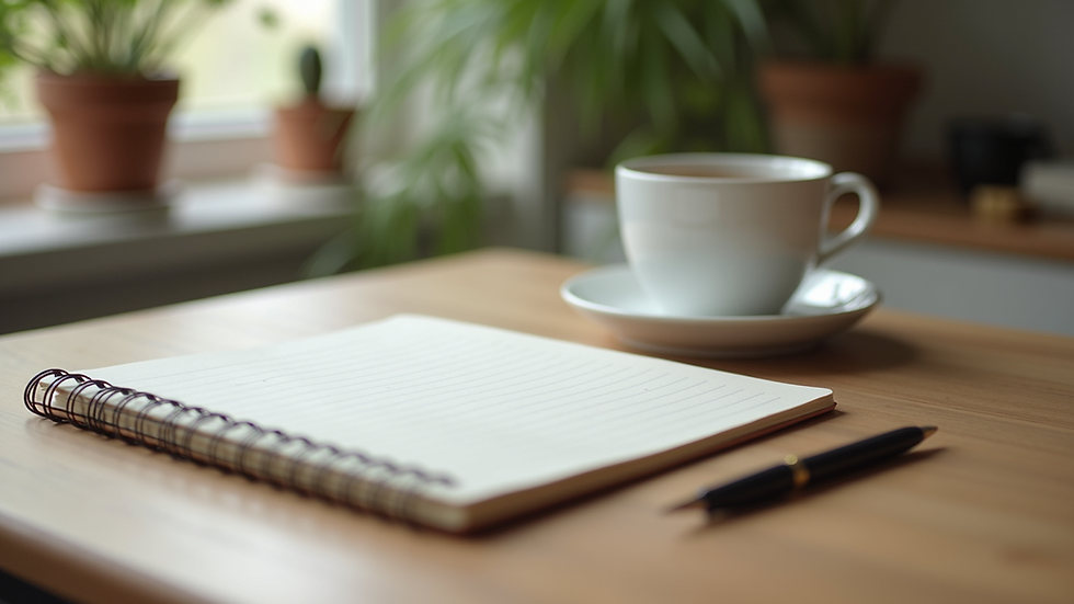 Eye-level view of a serene workspace with a notebook and a cup of tea