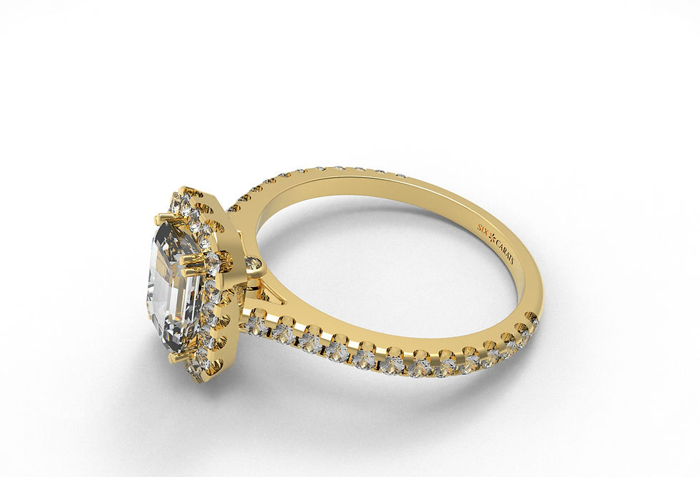 Thumbnail: Six Carat Emerald Cut Diamond Halo Ring with Accents
