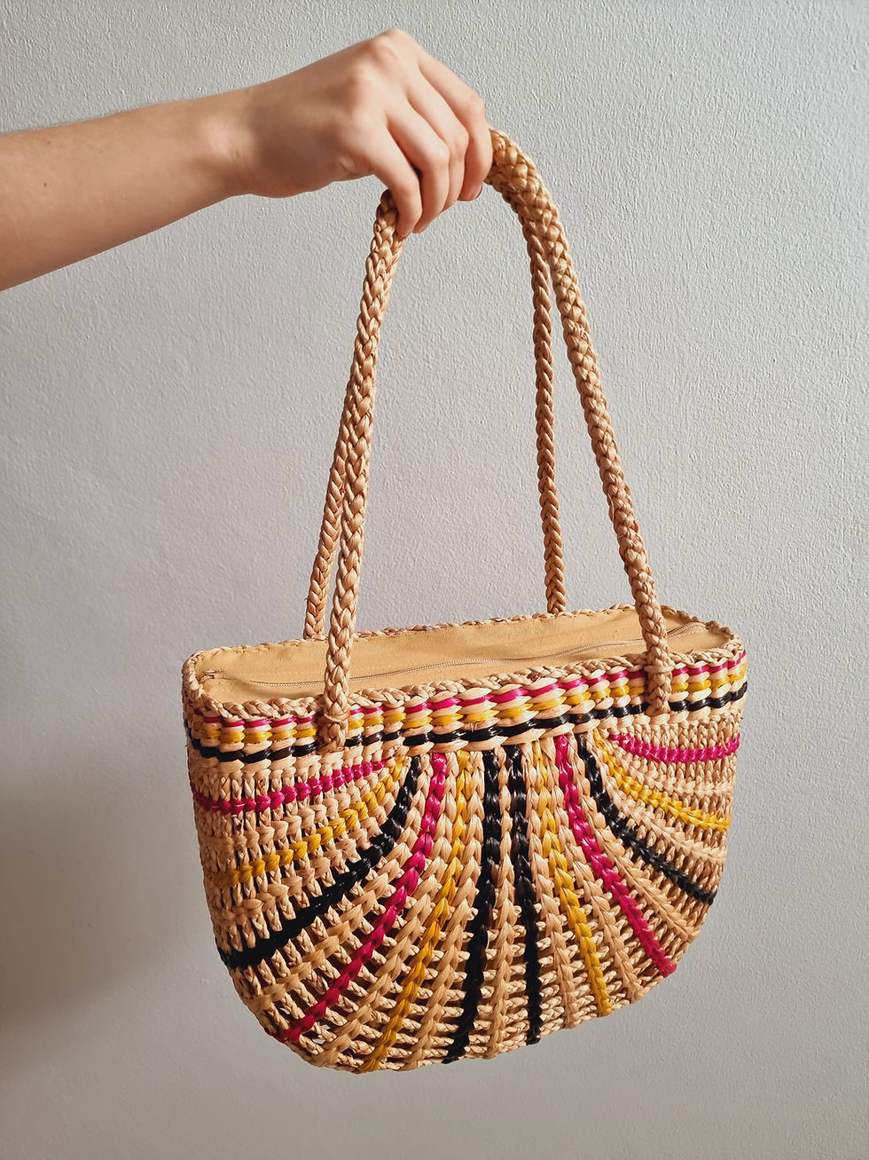 Thumbnail: Lulumoon bag, colorful pattern shoulder bag, has fabric inside and zipper, beige color pattern
