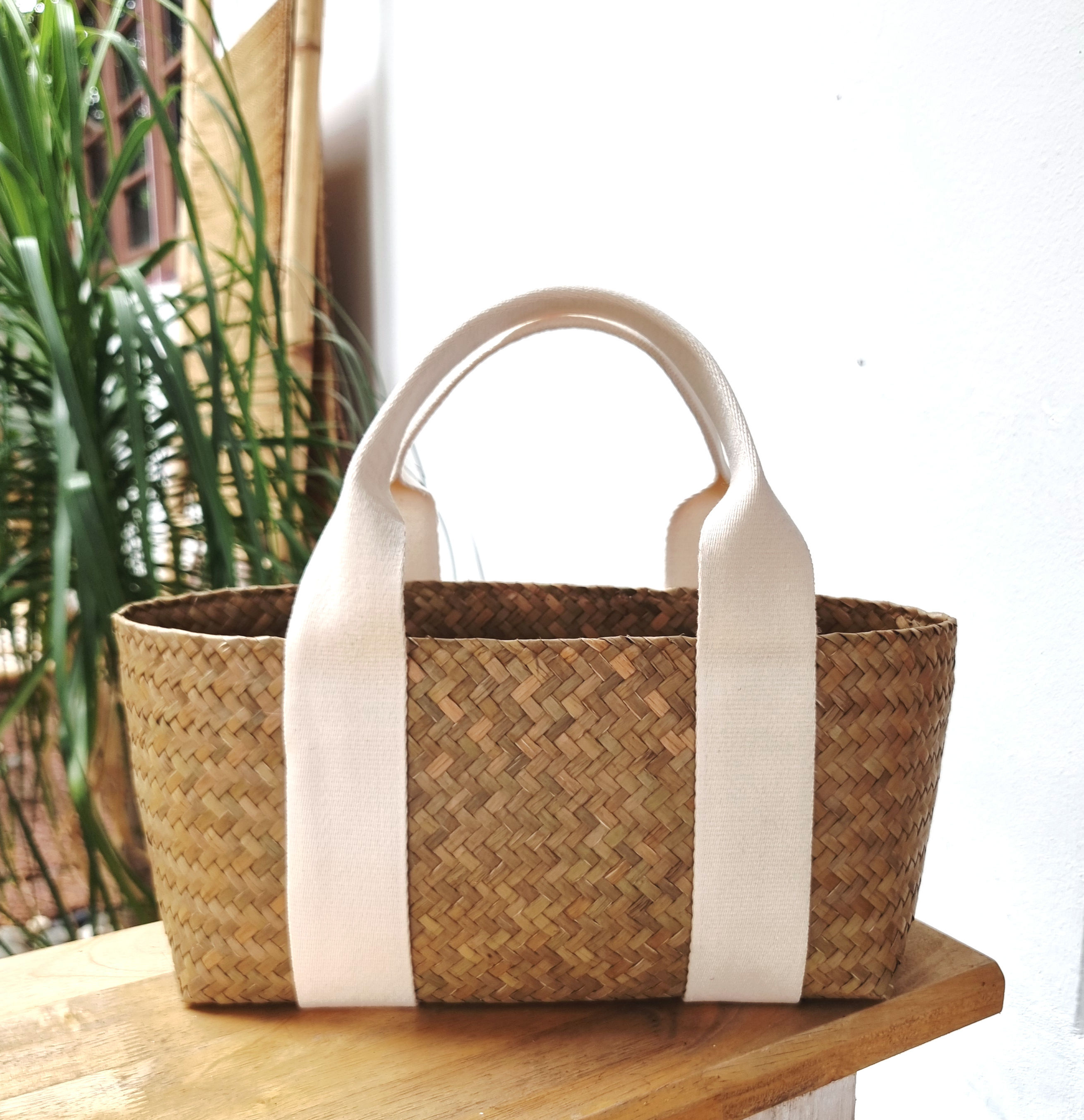 mini picnic bag with beige handles