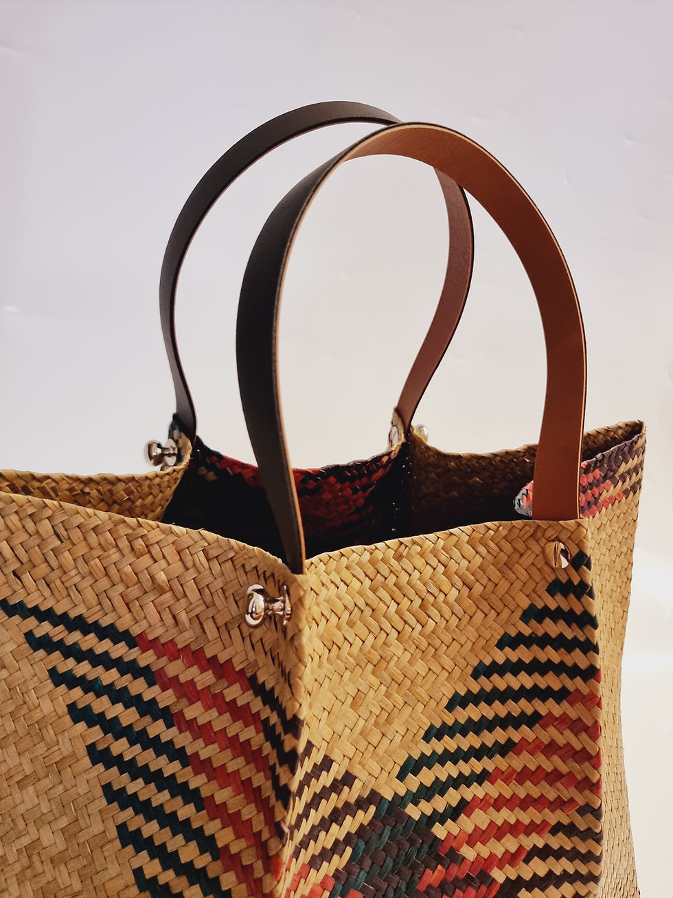 Thumbnail: bigger sturdy straw bag, made with artificial, eco-friendly leather, this model's gold cufflinks give it a special, elegant l