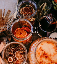 Dried orange and lemon slices in glasses.