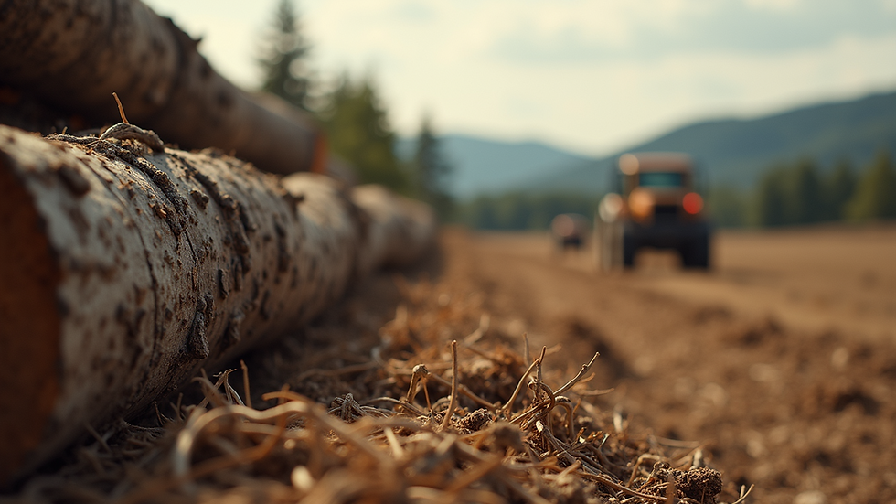 Eye-level view of a rural landscape with freshly mulched timber