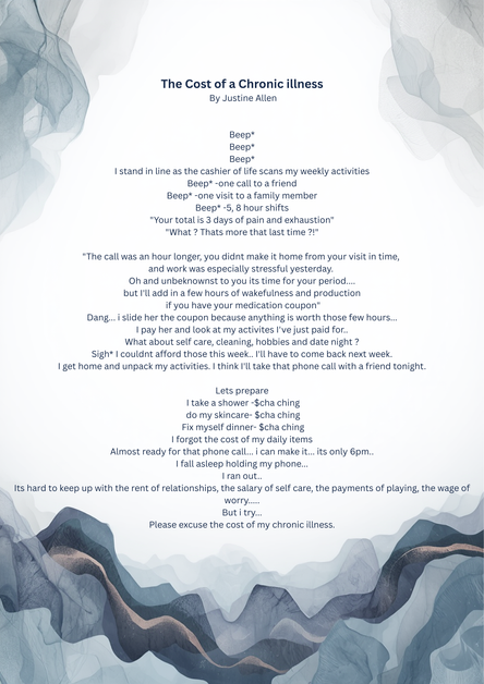 chronic illness poem by justine allen on a white and pink background