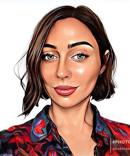 Liz - Co-host - Stylized illustration of a young woman with short dark brown hair and a vibrant patterned shirt, set against a white background. The image highlights a confident, professional look.