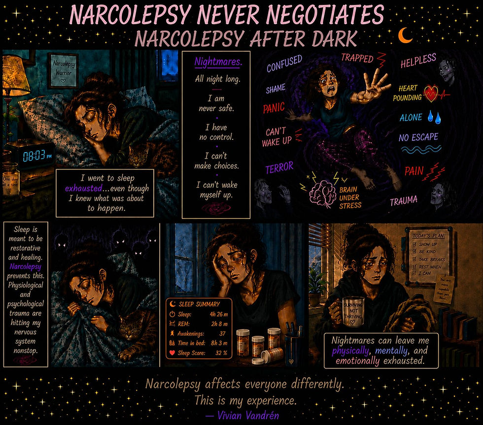 Comic by Vivian Vandrén titled "Narcolepsy After Dark" showing a woman going to bed exhausted, living through nightmares and feeling trapped, then waking drained with a poor sleep summary and a "Surviving not thriving" mug.