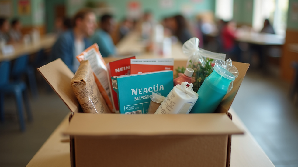 Eye-level view of a donation box filled with various items for global missions