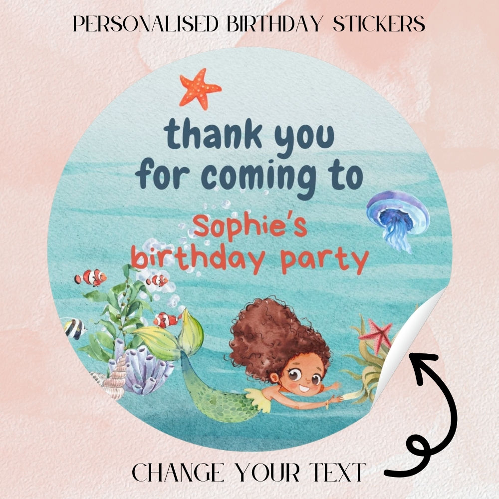 Mermaid thank you for coming to my party birthday stickers, personalised