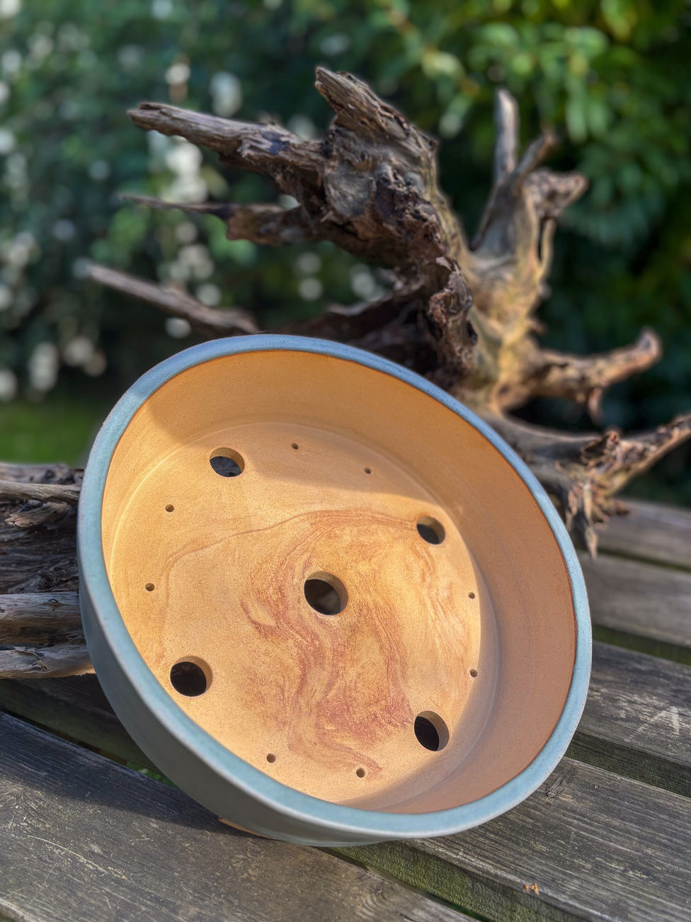 Large frosted blue bonsai pot, Handmade in Kent by Nick Rowe