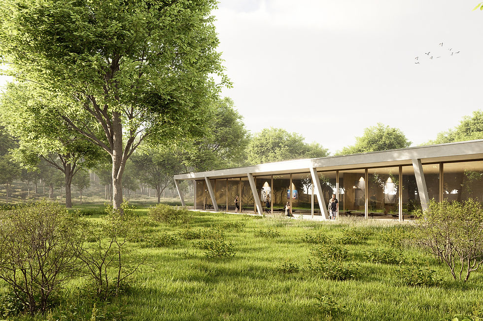 A low, modern pavilion with a flat roof, inclined columns, and a glass façade, seamlessly integrated into the surrounding