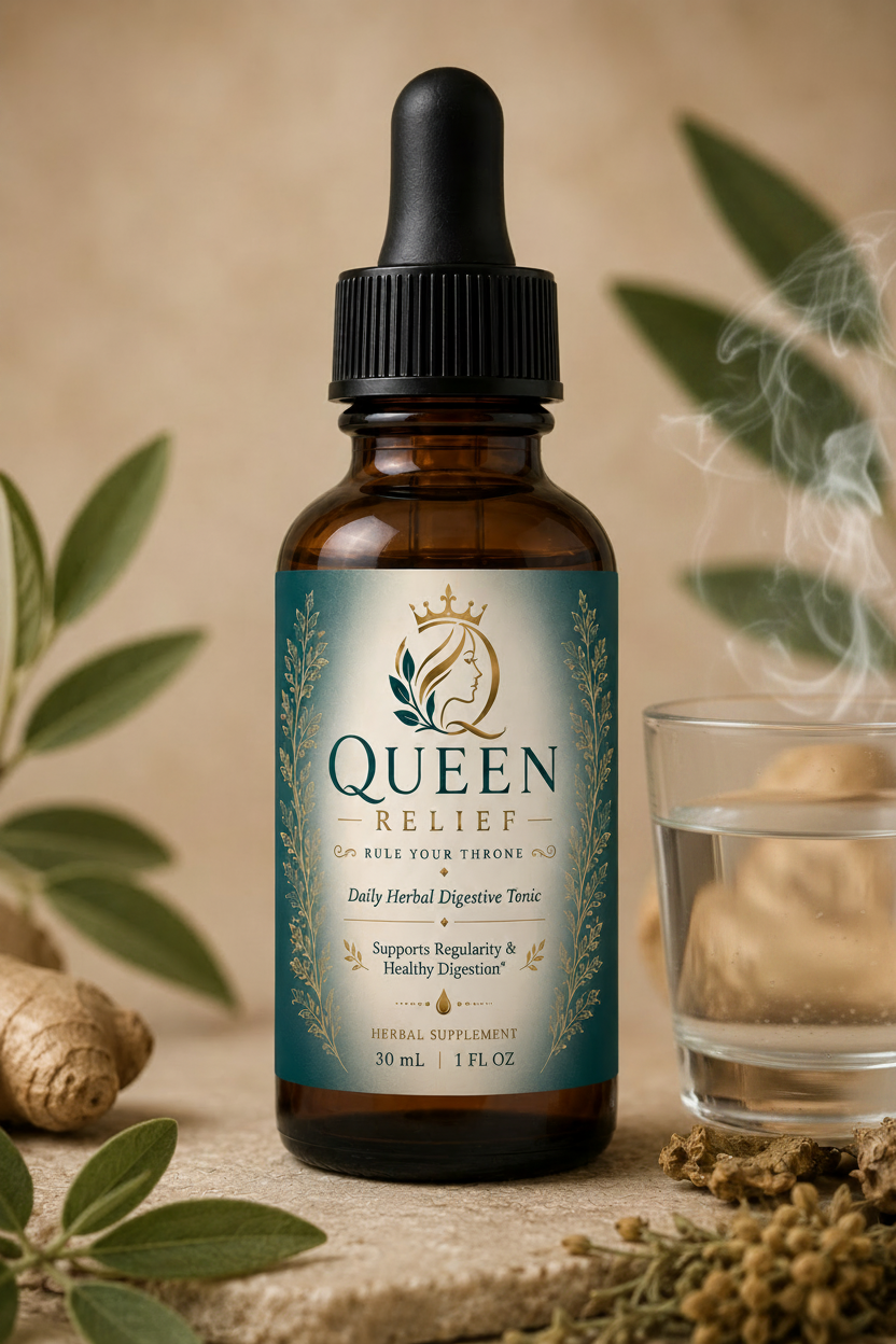 Queen Relief bottle product shot on warm, natural background