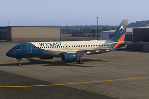 A Wy'East Virtual Airlines Synaptic Simulations Airbus A220-300 draped in white in a hangar, with the tail livery visible - coming in Phase 2 on Microsoft Flight Simulator.