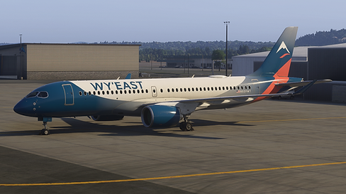 Wy’East Synaptic Airbus A220-300 parked at the terminal in Wy’East livery