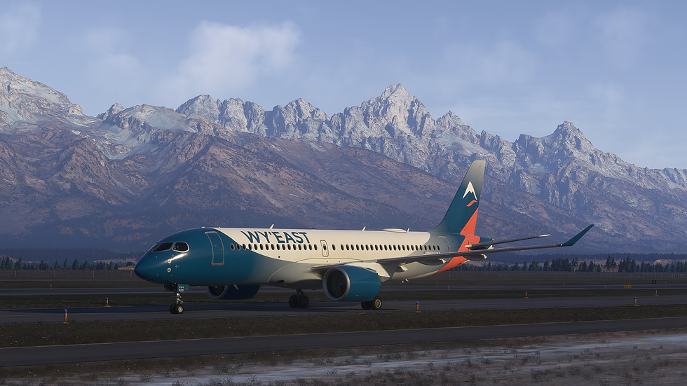 Synaptic Simulations A220-300 in a Wy'East Airlines livery taxiing at KJAC with the Tetons behind