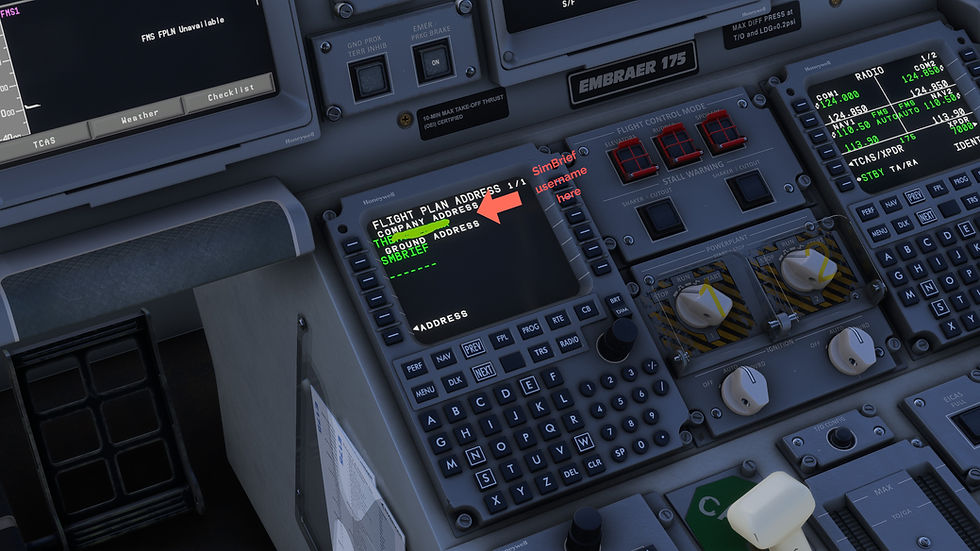 FSS EJET E175 FMS showing where on the flight plan address page to input your simbrief username
