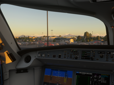 Wy'East Airlines iniBuilds + Synaptic A220-300 on the ground in Redmond, Oregon in the morning with a view from the cockpit at the mountains
