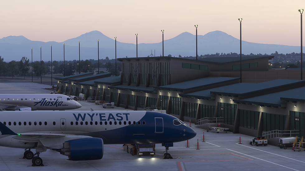 Wy'East Airlines iniBuilds + Synaptic A220-300 on the ground in Redmond, Oregon in the evening looking out over the Three Sisters